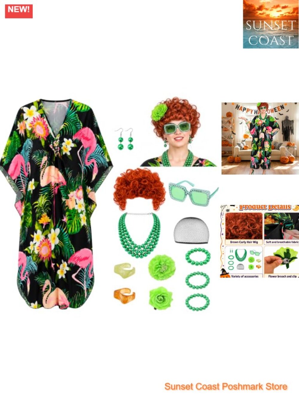 Women Landlady Caftan Costume Set Curly Wig Jewelry Sunglass Halloween Cosplay